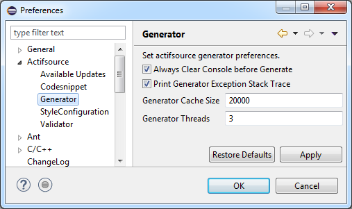 Actifsource 8.0.0 Generator Options Actifsource 8.0.0 Generator Options